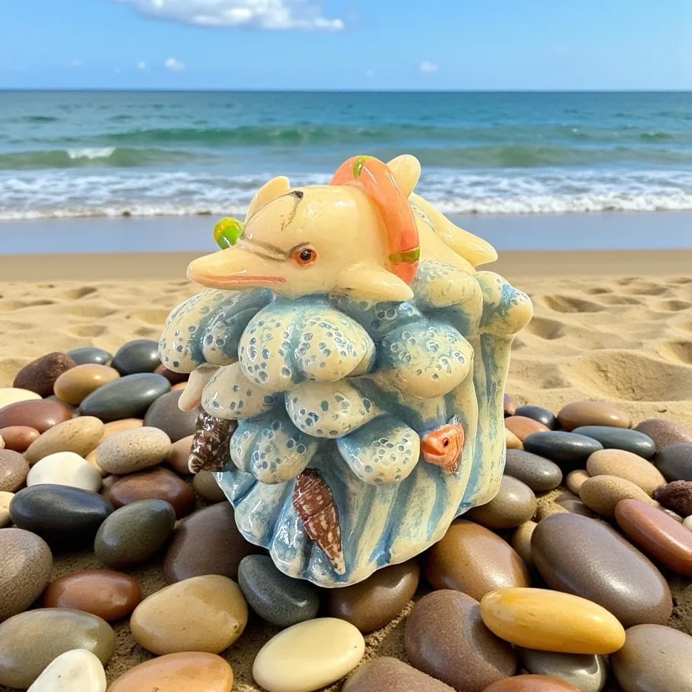 Vintage Dolphin Ceramic Trinket Box Ocean Wave Sea Shells TAI Mark Coastal Decor